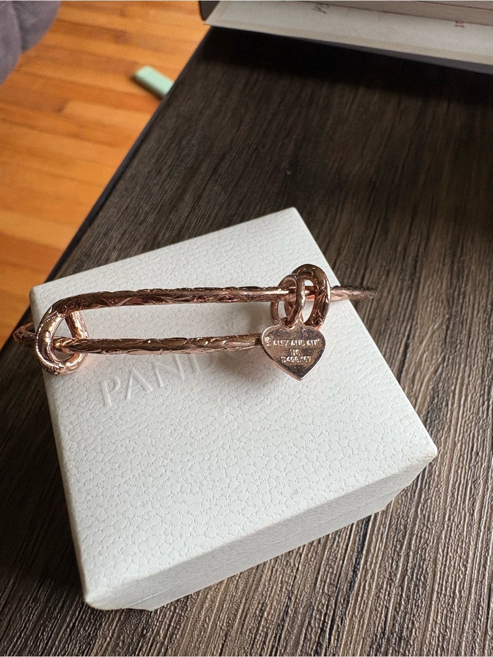 Alex and Ani Rose Gold Heart Charm Hammered Bangle